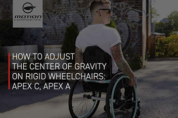 Person in a wheelchair with text on adjusting the center of gravity on rigid wheelchairs, featuring the Motion Composites logo.