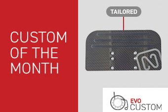 Promotional graphic for 'Custom of the Month' with a tailored product and Evo Custom logo.